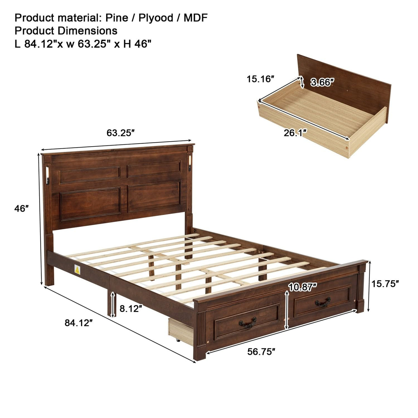 Farmhouse Bed Frame with Storage Drawers & LED Lights | Solid Pine Wood