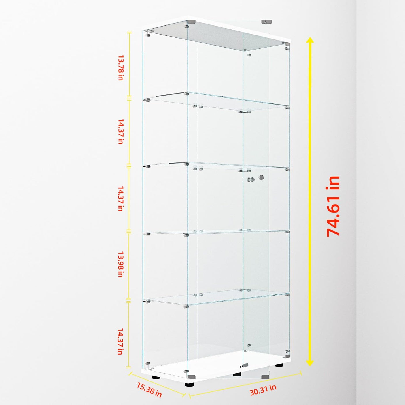 YECHEN 75" Tall White Glass Display Cabinet | 5-Tier Curio Cabinet with LED Lights & Security Lock
