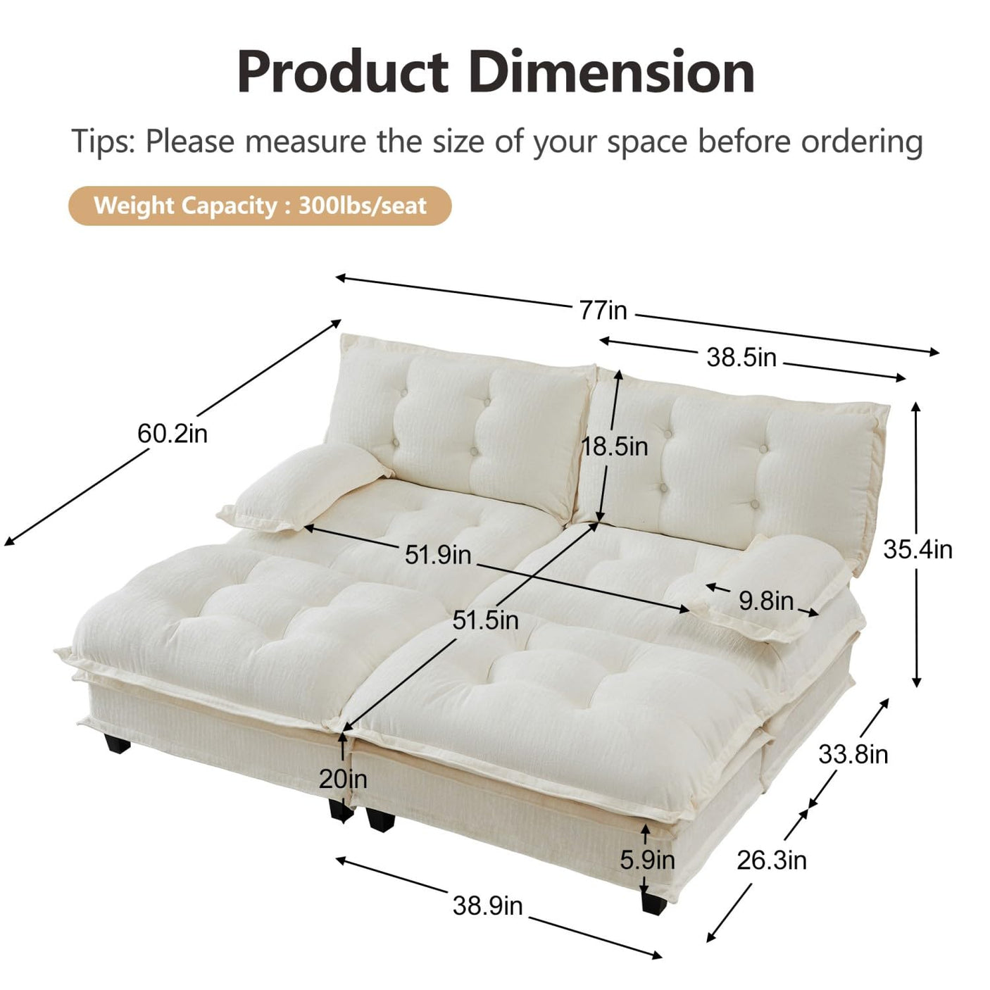 Modular Sectional Sofa with Cloud Cushions | Chenille Fabric | 2/3/4 Seater with Ottoman Options
