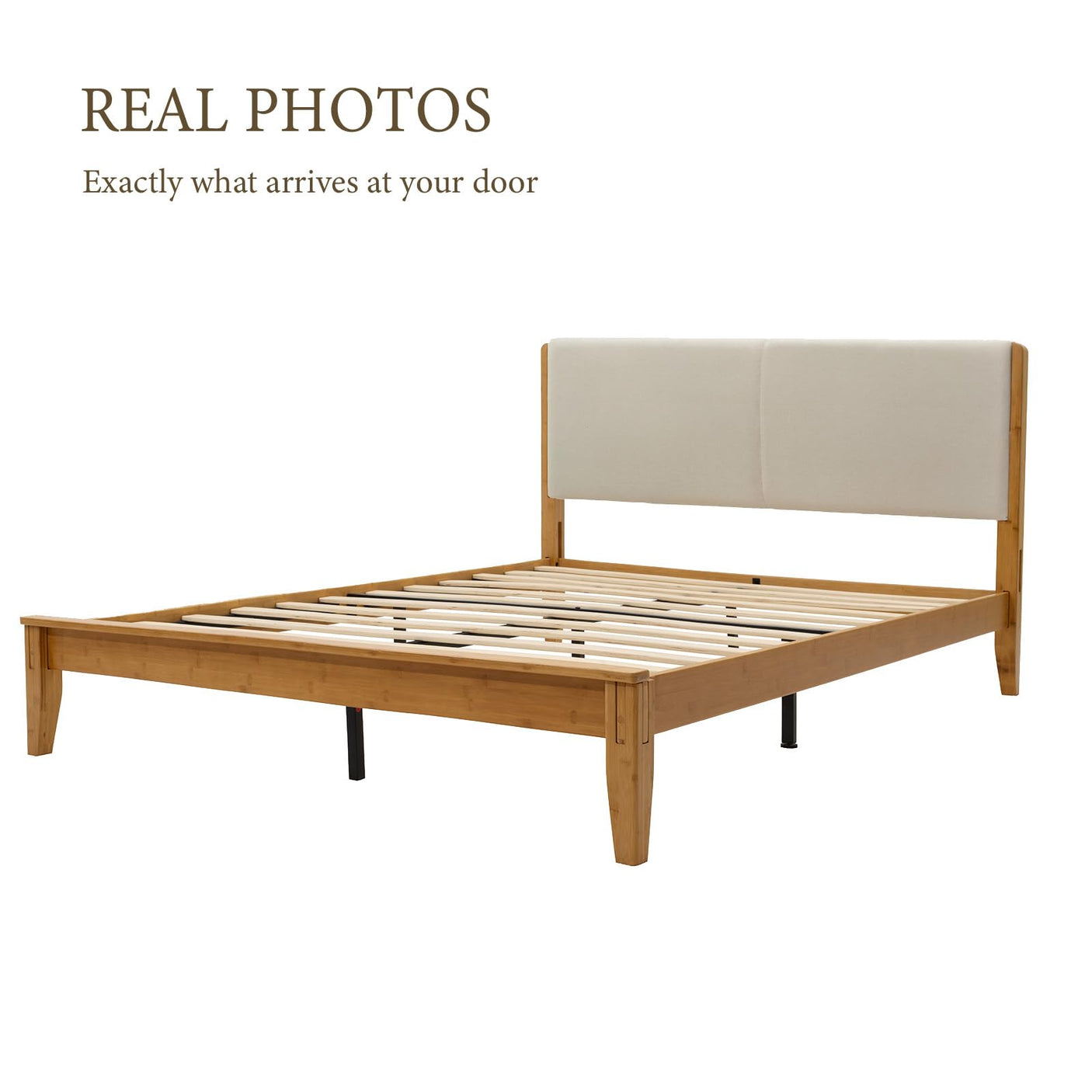 Yechen Bamboo Bed Frame – Japanese Joinery, Linen Headboard, Queen & King