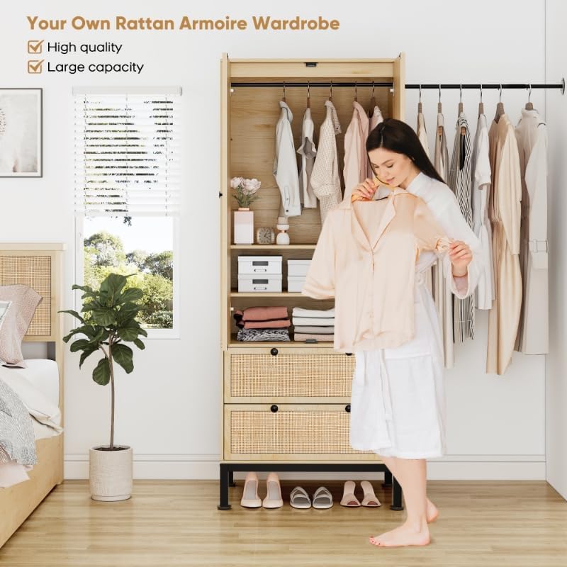 74" Natural Rattan Woven Wardrobe Armoire Closet
