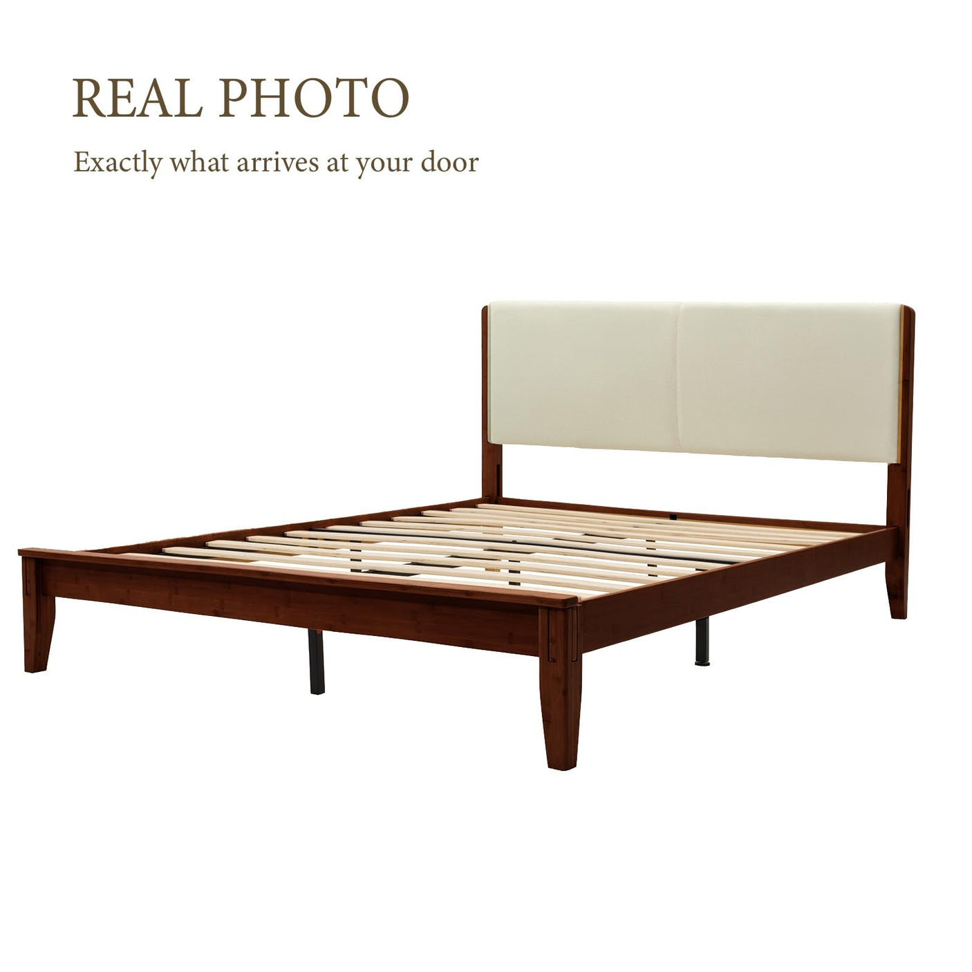 Yechen Bamboo Bed Frame – Japanese Joinery, Linen Headboard, Queen & King