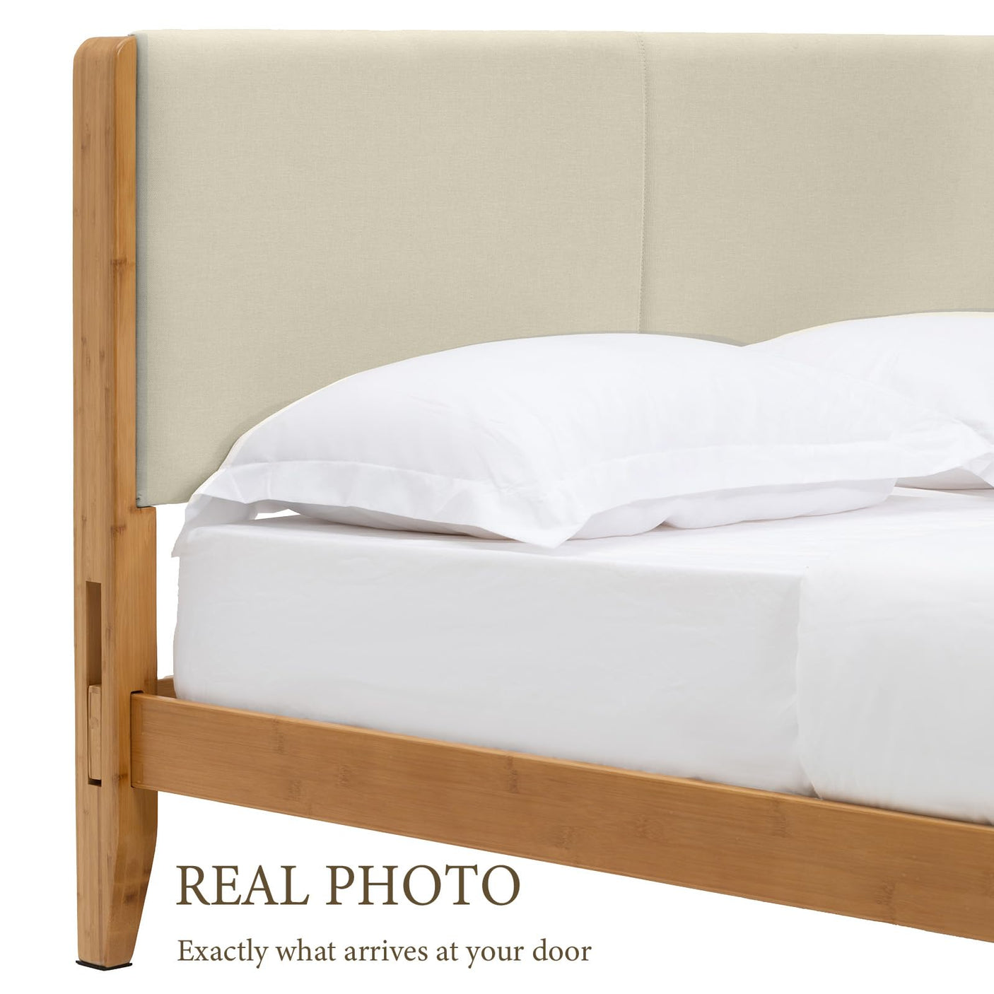 Yechen Bamboo Bed Frame – Japanese Joinery, Linen Headboard, Queen & King
