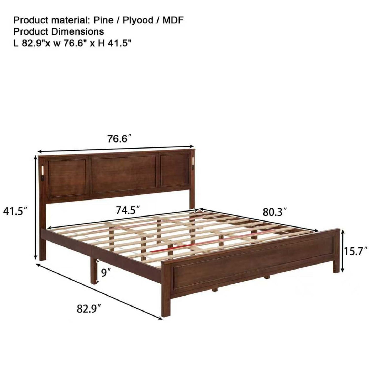 Farmhouse Bed Frame with LED Lights & Charging Station | Solid Pine Wood | Queen & King