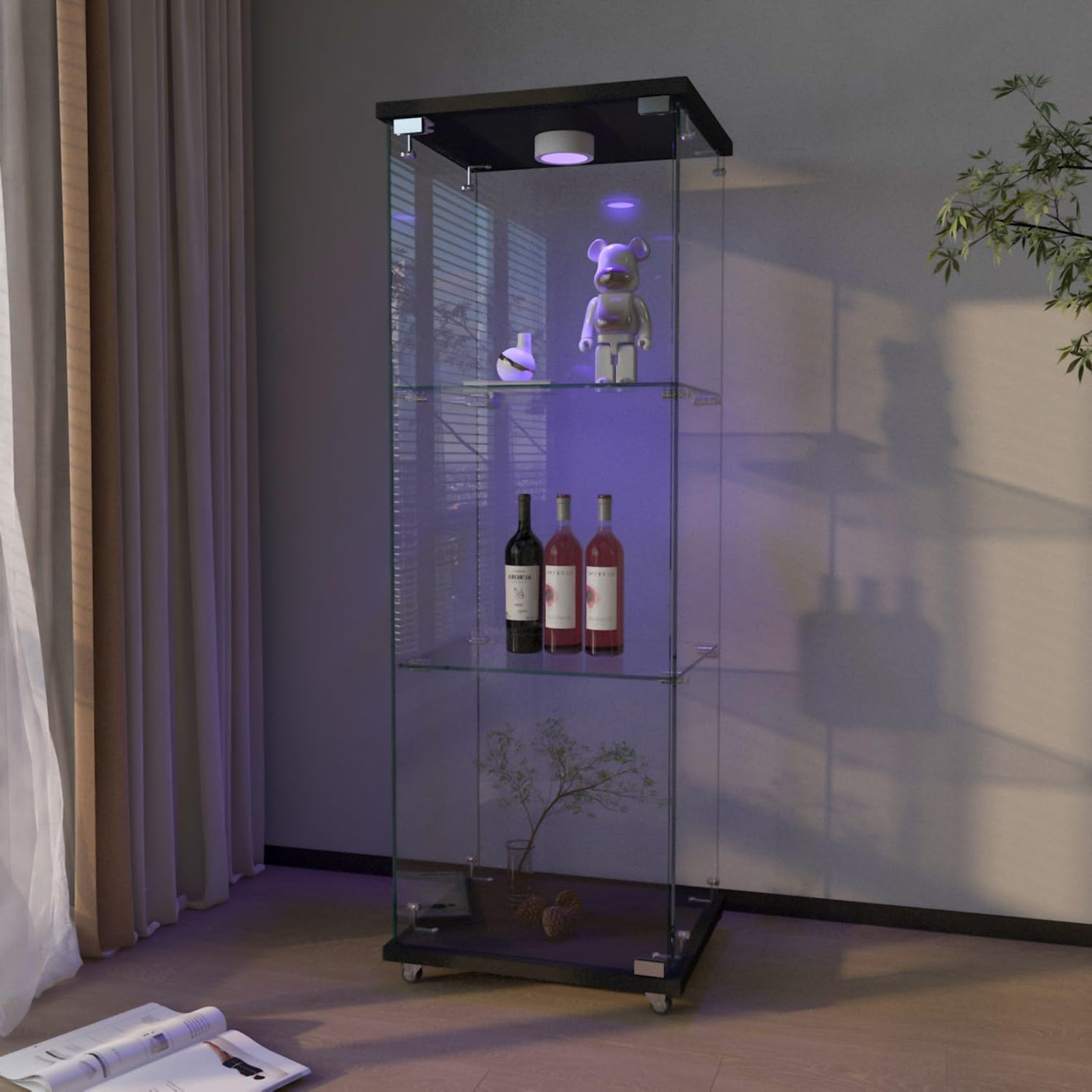 YECHEN Glass Display Cabinet with LED Lights | Tempered Glass Curio Cabinet