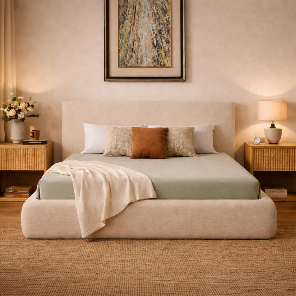 Yechen Cloud Bed Frame | Ribbed Chenille Upholstered Bed with 5.9" Padded Headboard | Queen & King