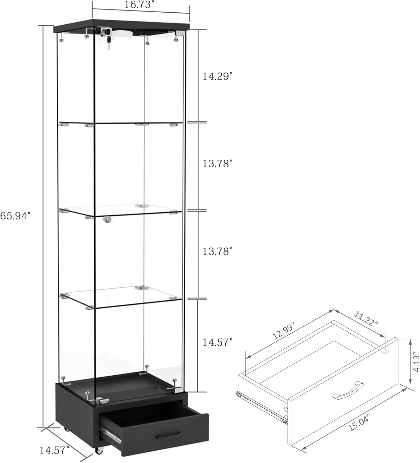 YECHEN Glass Display Cabinet with LED Lights | 4-Shelf Curio Cabinet with Drawer & Locking Door