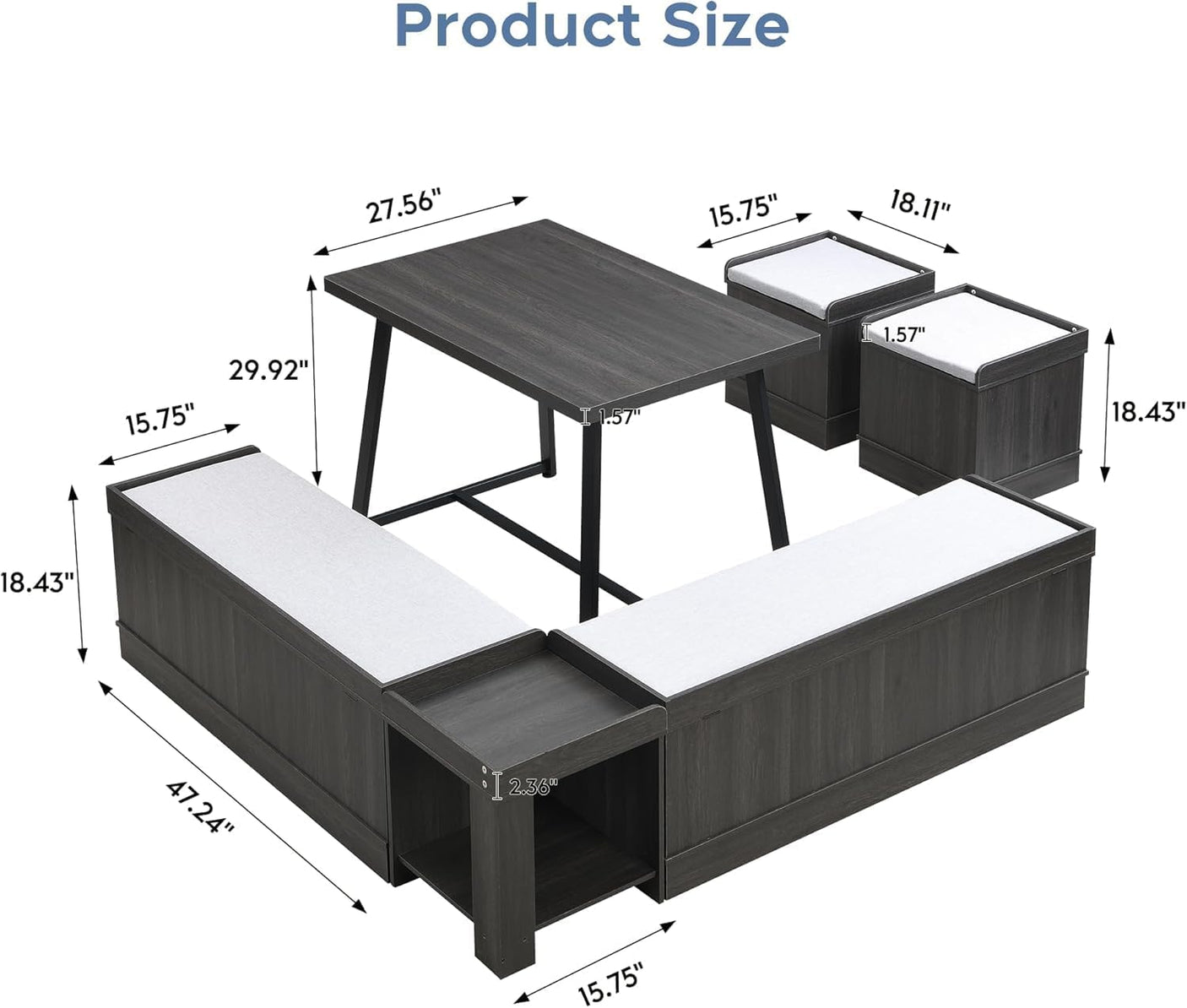 47 Inch Corner Dining Table Set with Storage Stool and Storage Bench