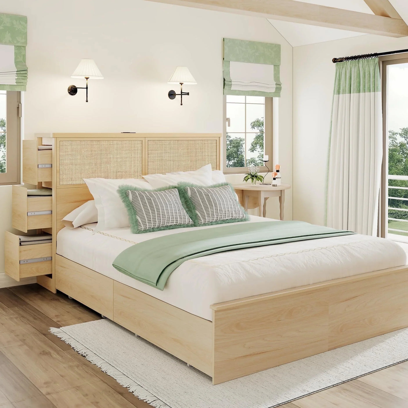 Boho Rattan Queen Beds Frame with Charging Station Headboard