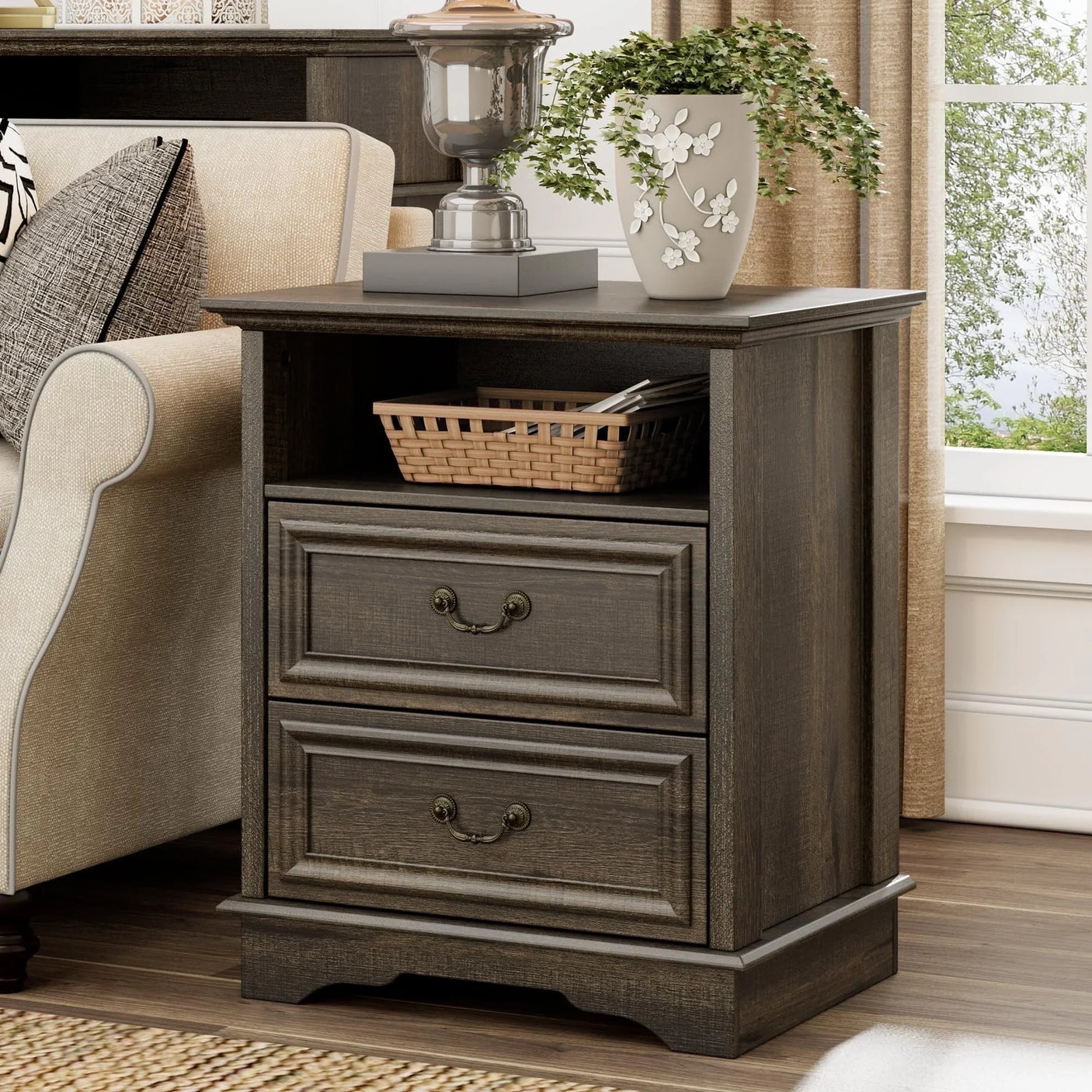 Farmhouse Mid Century Modern Nightstand, 2-Drawer 25" Tall Wood