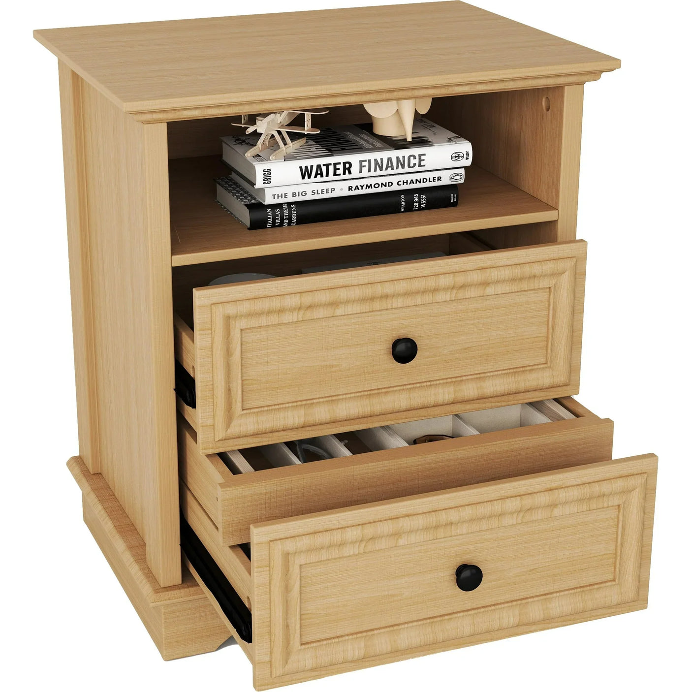 Farmhouse Mid Century Modern Nightstand, 2-Drawer 25" Tall Wood