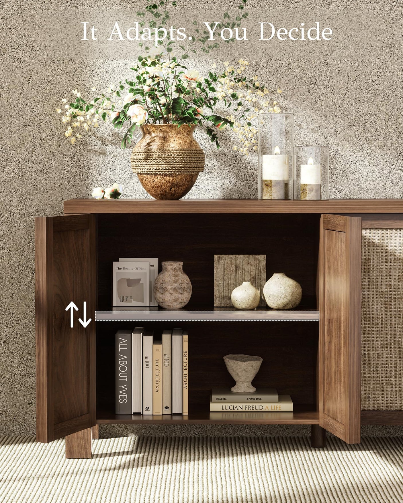 63" Rattan Buffet Cabinet - Natural Walnut Sideboard with Adjustable Shelves