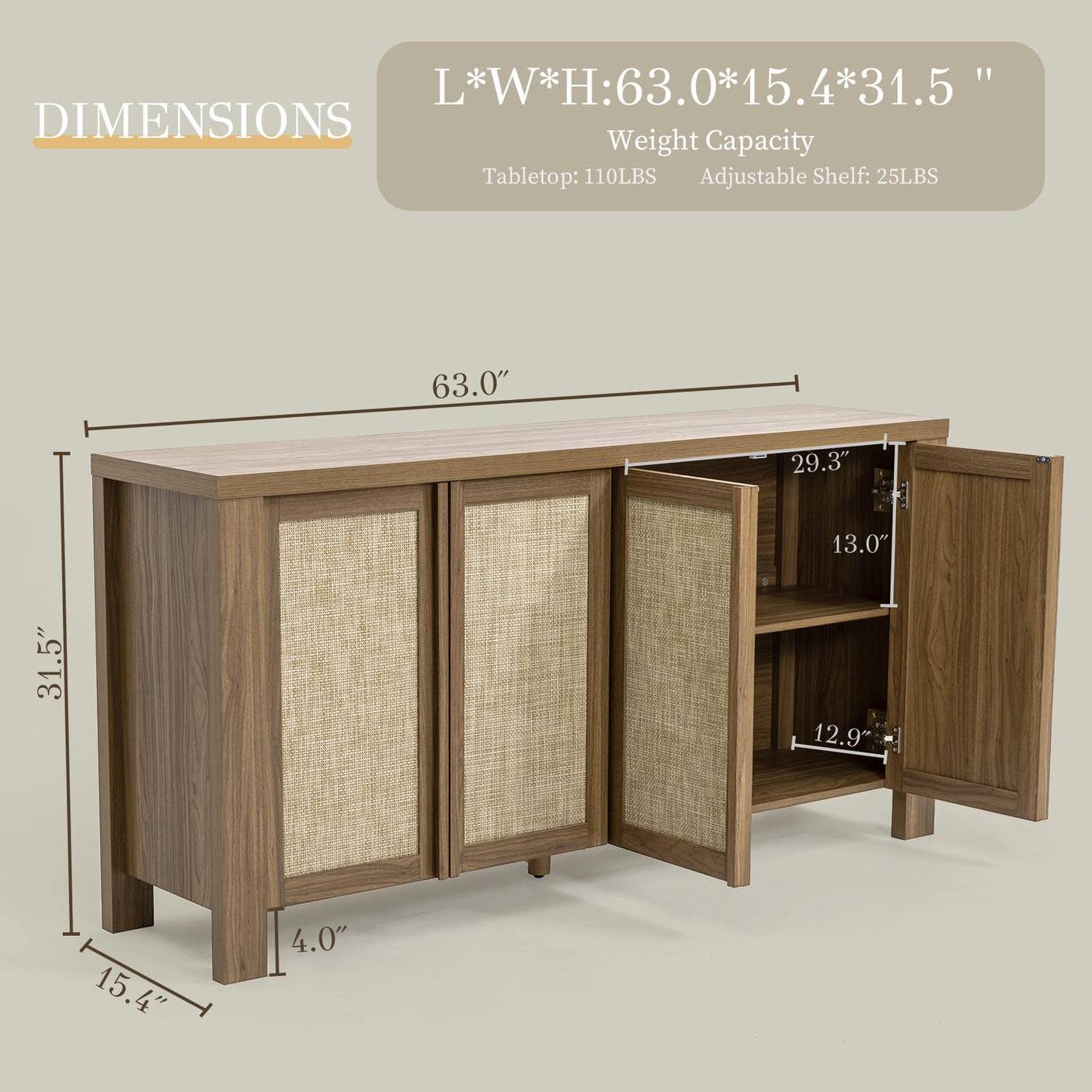 63" Rattan Buffet Cabinet - Natural Walnut Sideboard with Adjustable Shelves