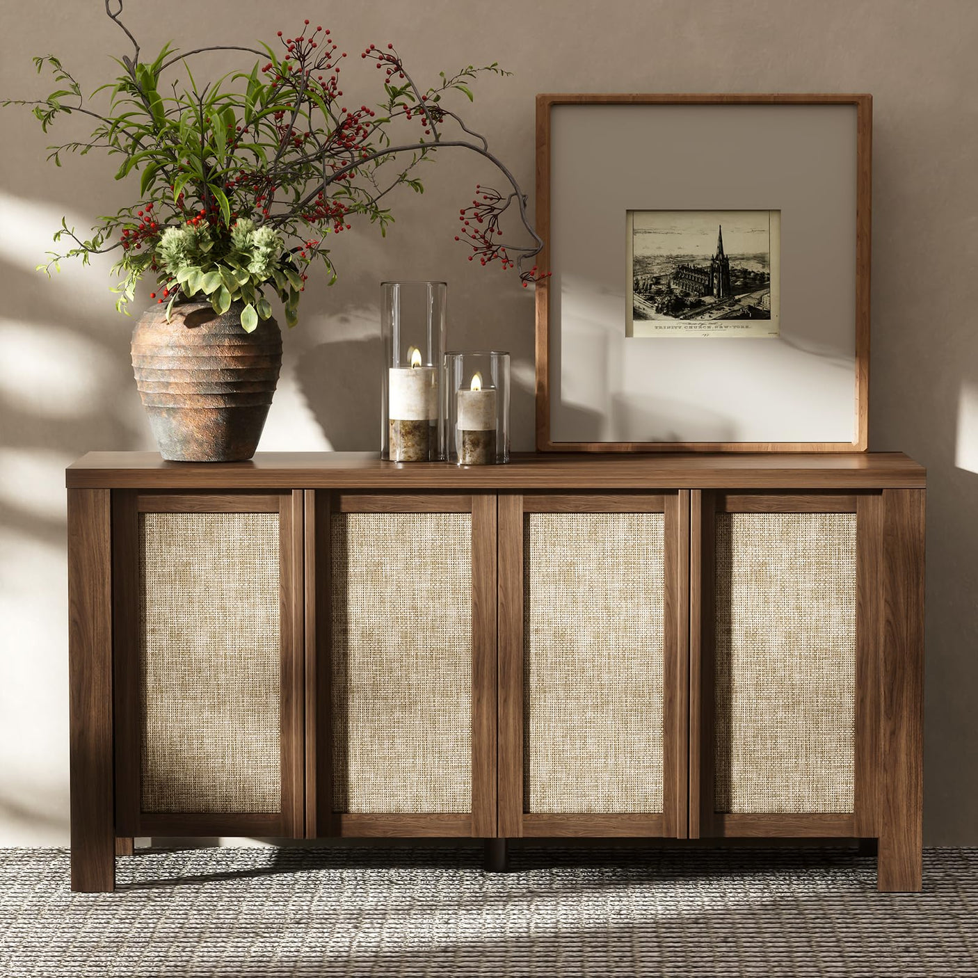 63" Rattan Buffet Cabinet - Natural Walnut Sideboard with Adjustable Shelves