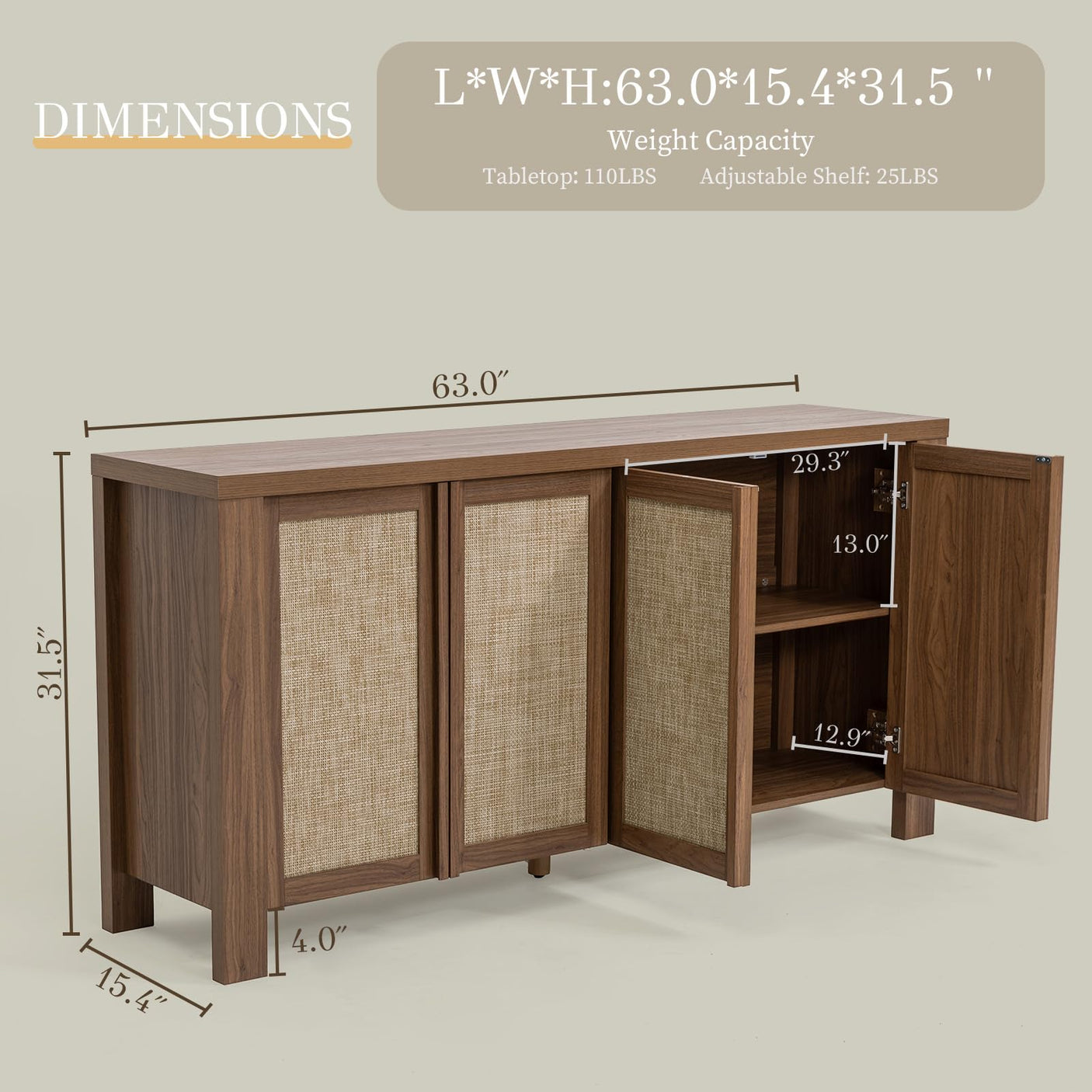 63" Rattan Buffet Cabinet - Natural Walnut Sideboard with Adjustable Shelves