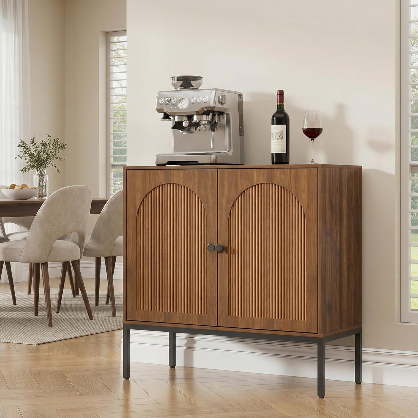 Fluted Sideboard Cabinet with Storage – 2-Door Arched Buffet Credenza | Mid-Century Modern | Walnut & Black