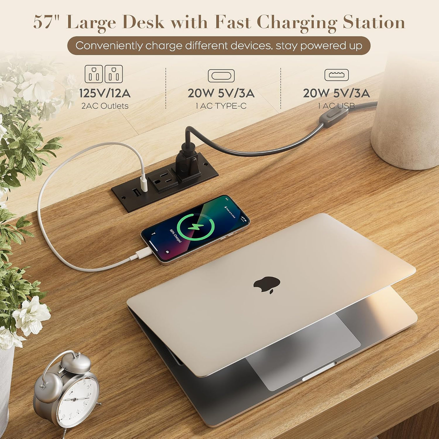 57" Rattan Executive Desk with Charging Station | 5-Drawer Home Office Desk | Farmhouse Walnut Brown | Yechen Home