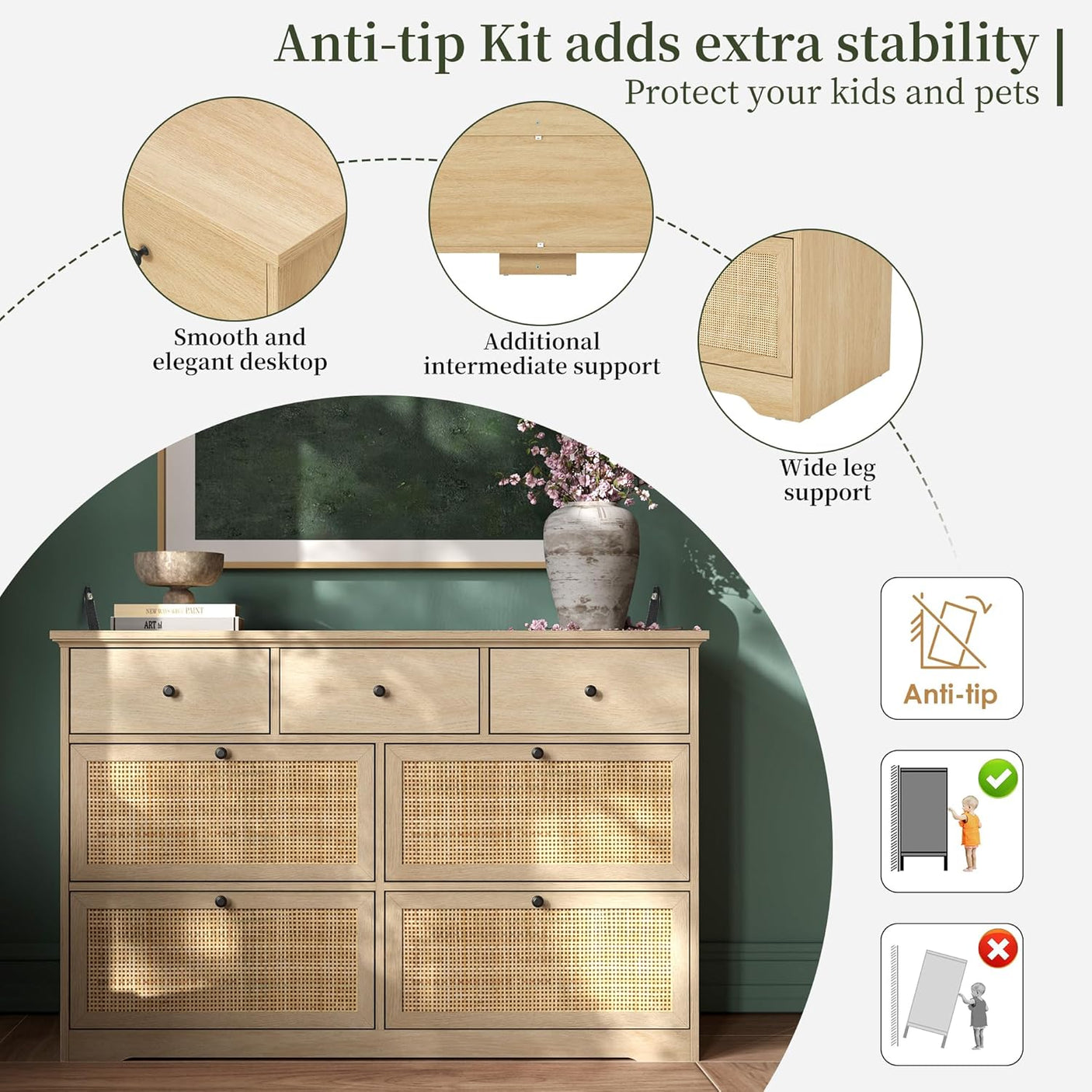 Yechen 47.2'' Wide Rattan Dresser - 7 Drawer Mid-Century Natural Wood Storage Cabinet