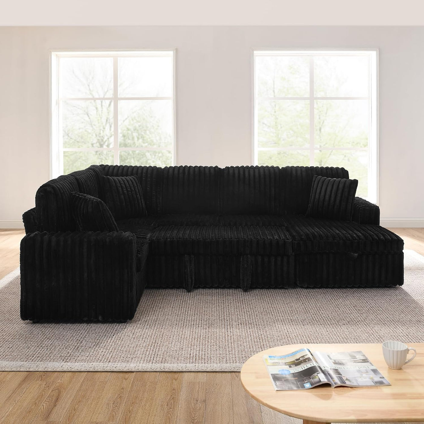 114" U-Shaped Sectional Sofa with Pull-Out Bed, Storage Chaise & USB Ports | Plush Corduroy, Seats 7