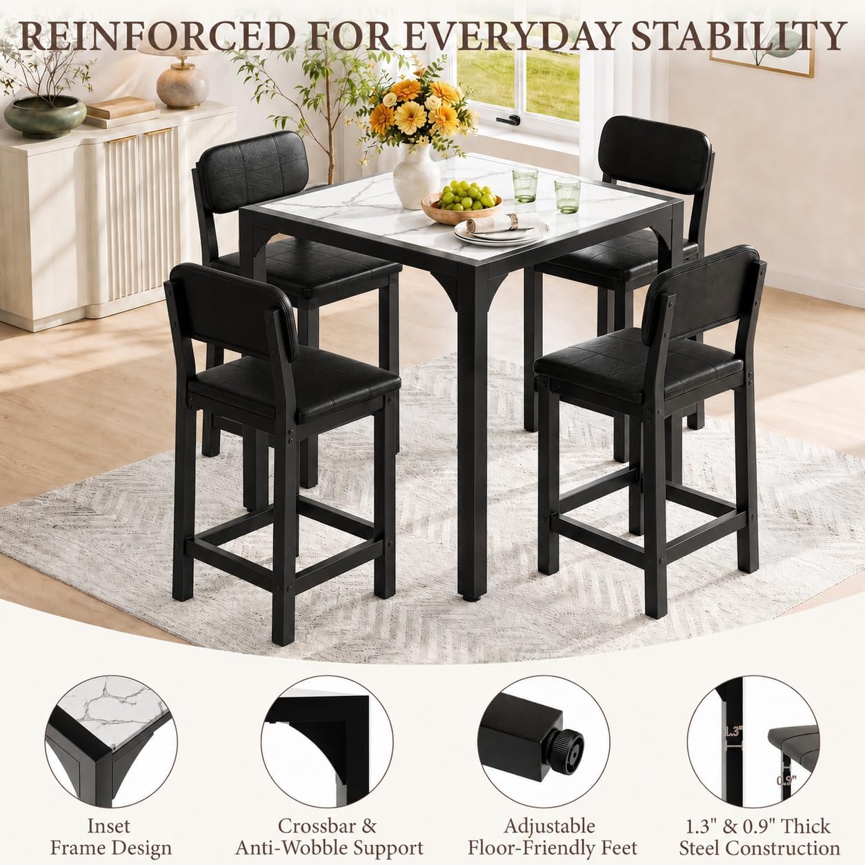 5-Piece Counter Height Dining Set | Marble-Look Top, Padded Chairs, Black