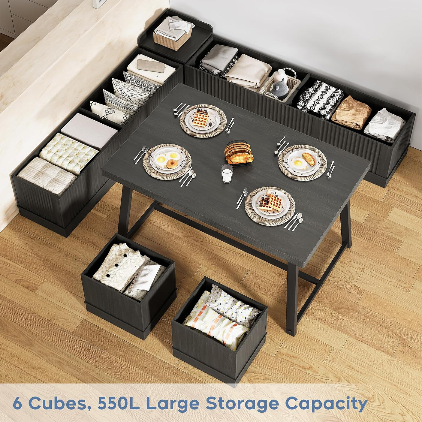 47 Inch Corner Dining Table Set with Storage Stool and Storage Bench