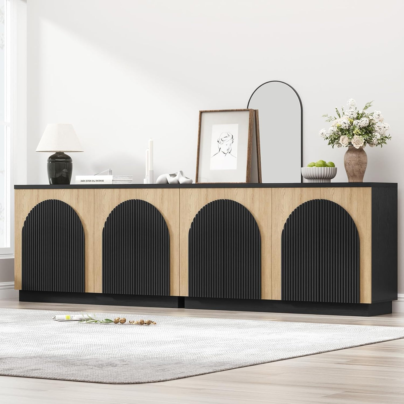 Arched Reeded Sideboard Buffet Cabinet | Black & Natural Oak