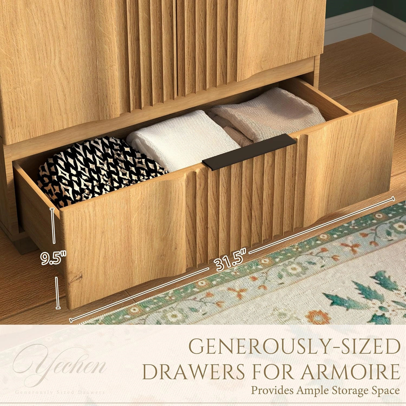 Yechen 67" Fluted Oak Armoire Wardrobe with Doors & Drawer - Natural Wood Closet Cabinet