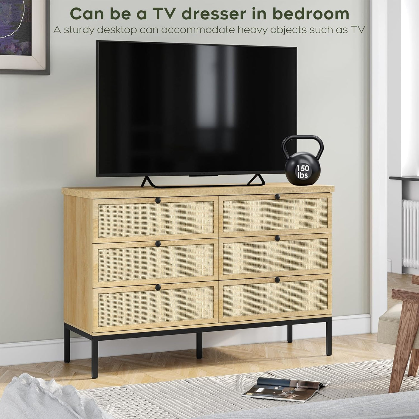 Modern 6 Drawer Dresser with Rattan Drawers
