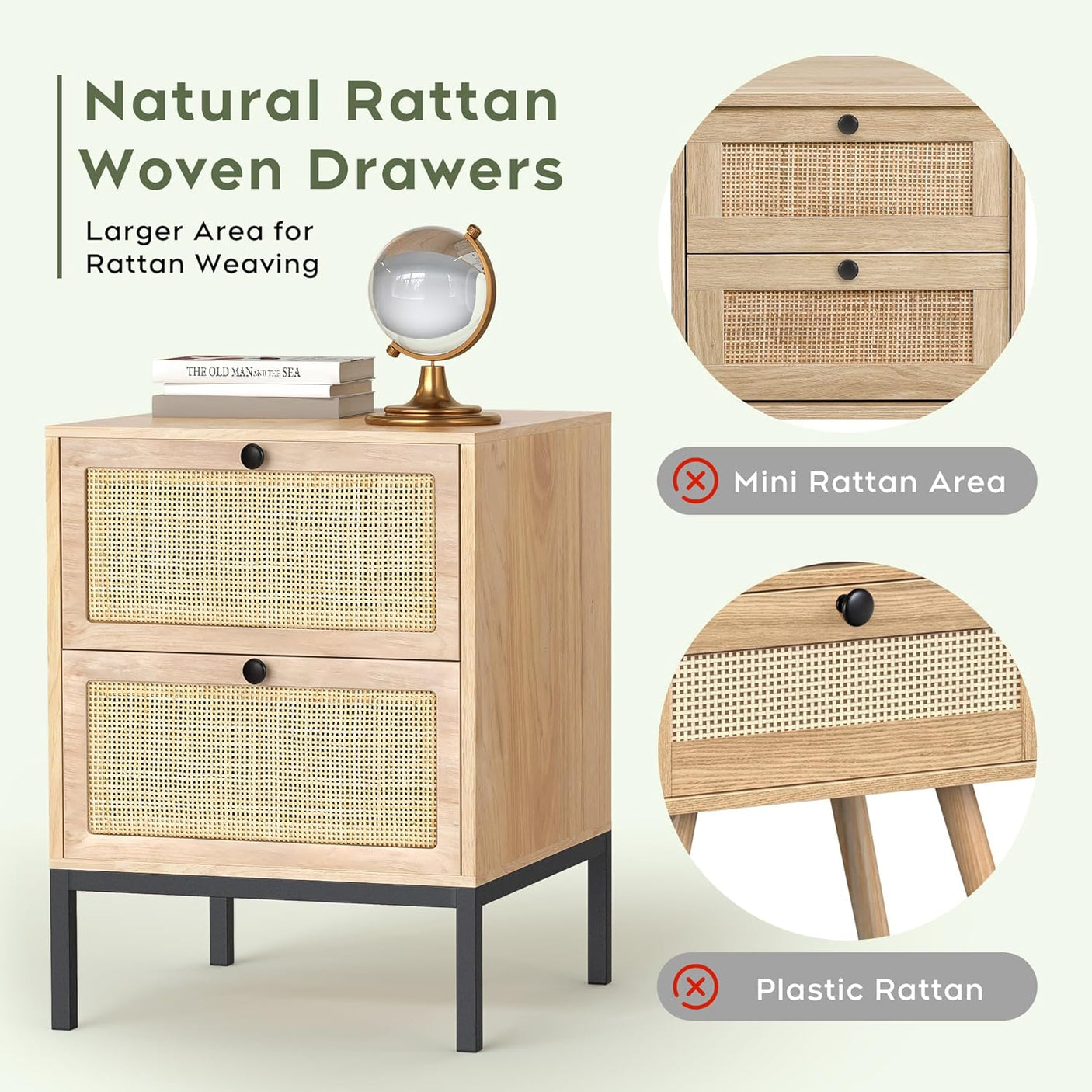 Boho Rattan Drawers Sidetable Nightstand 2 Packs