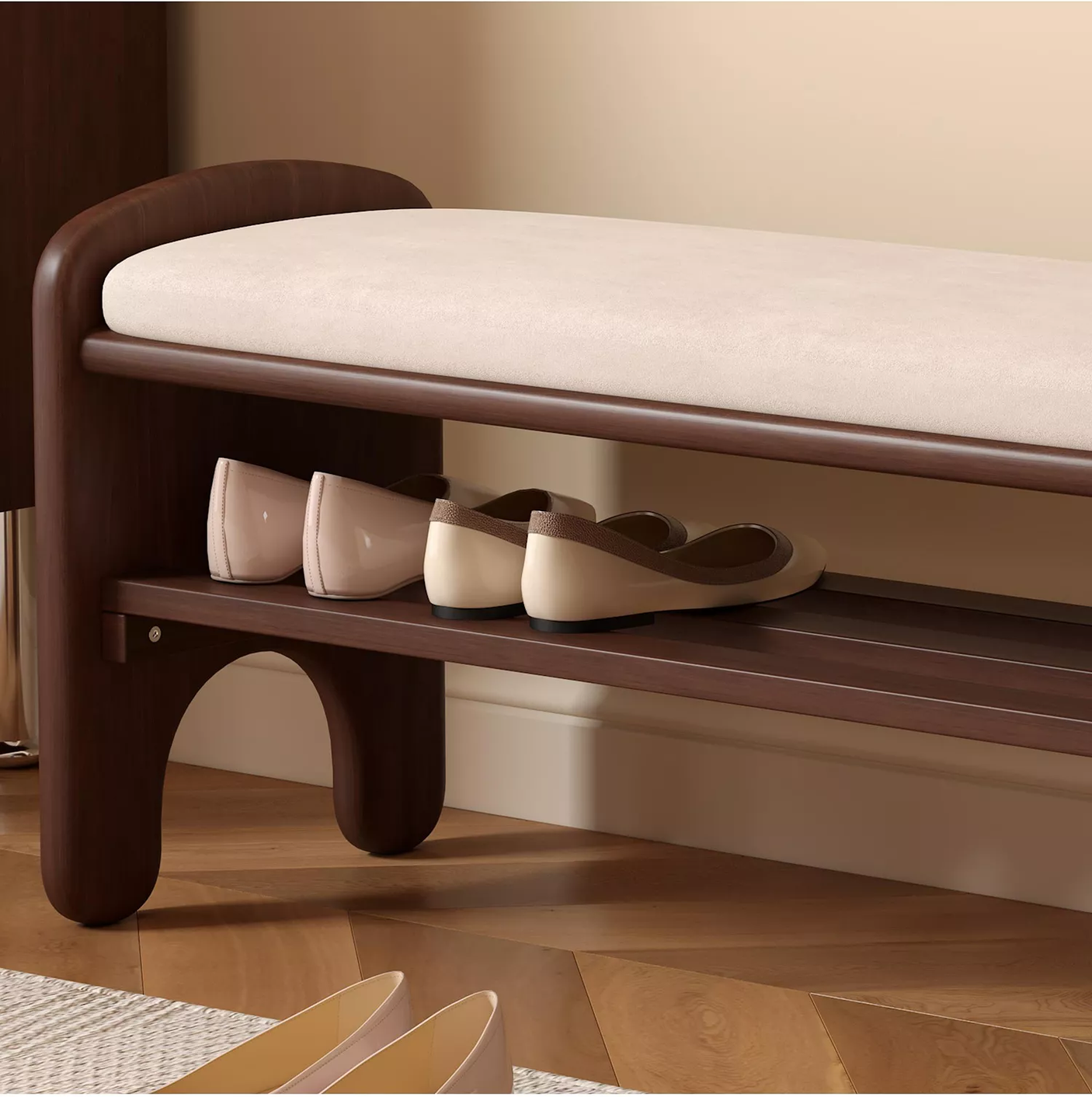 Yechen Bear Shoe Bench, Solid Wood Entryway Bench with Cushion & 2-Tier Shoe Rack