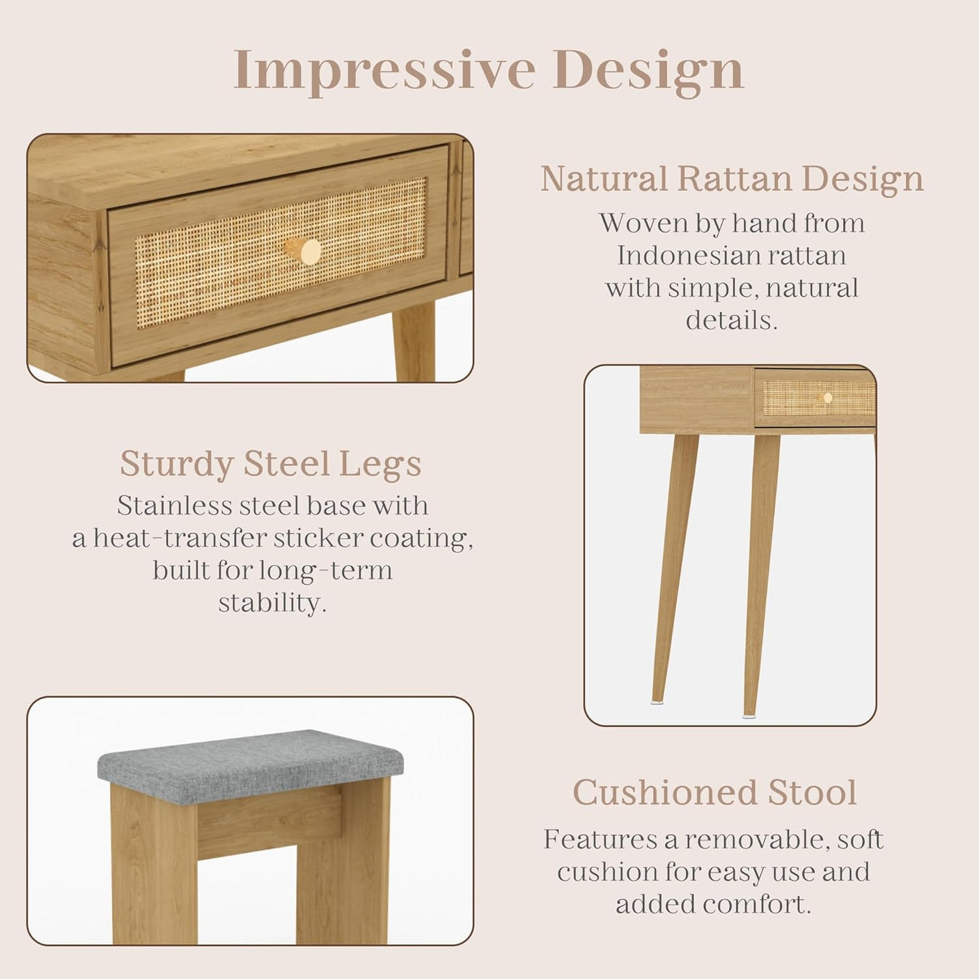 Yechen Boho Rattan Vanity Desk with Stool & LED Mirror | Compact Makeup Table for Small Spaces