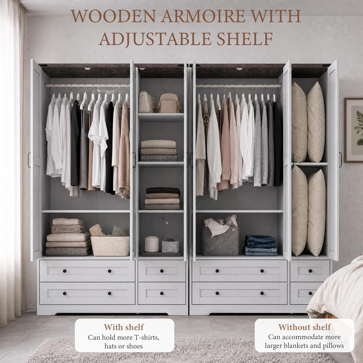 Yechen 71" 3-Door Wooden Armoire Wardrobe Closet with Mirror, 4 Drawers & Adjustable Shelves | White Farmhouse Bedroom Cabinet