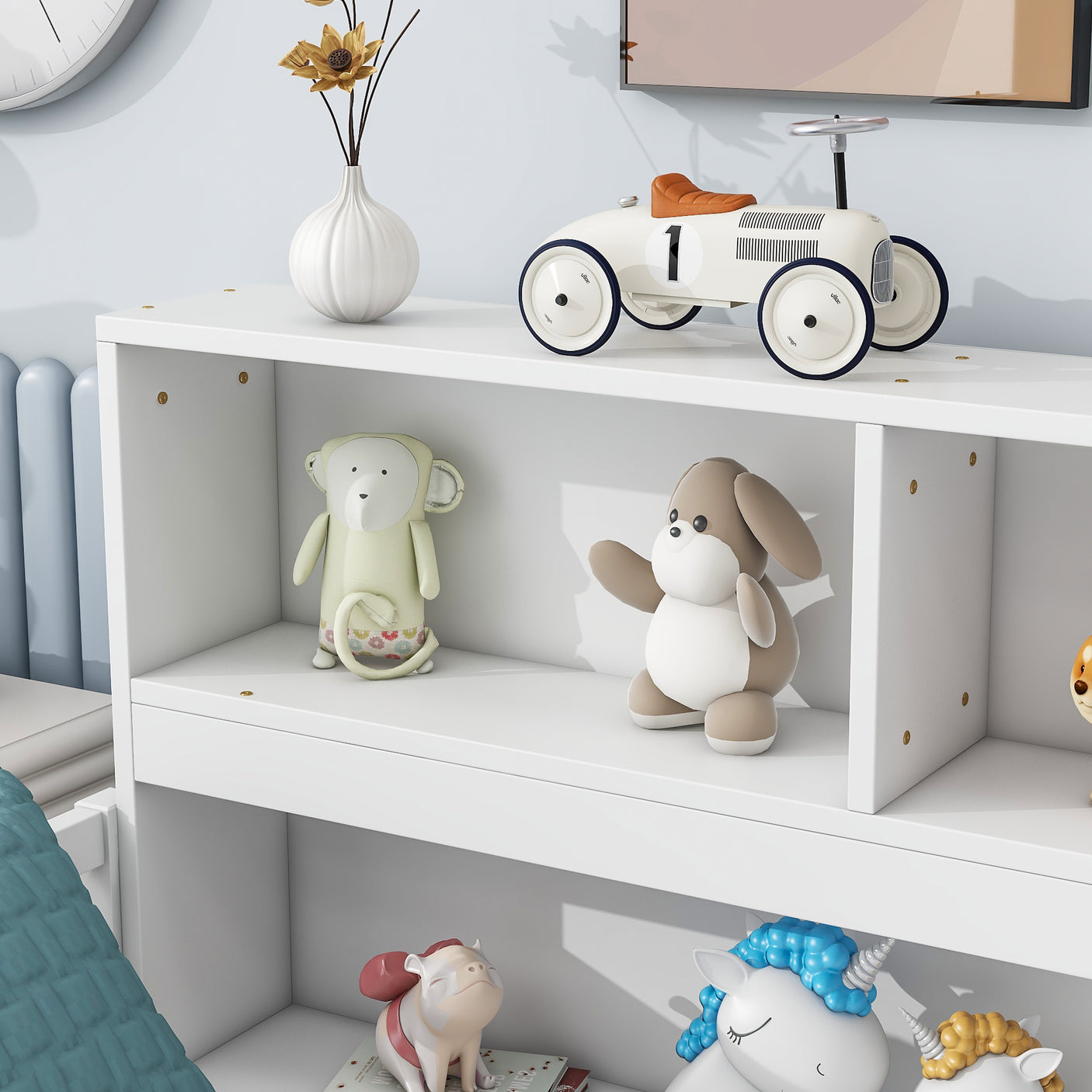 Wood Bed Frame with Bookcase & Shelves