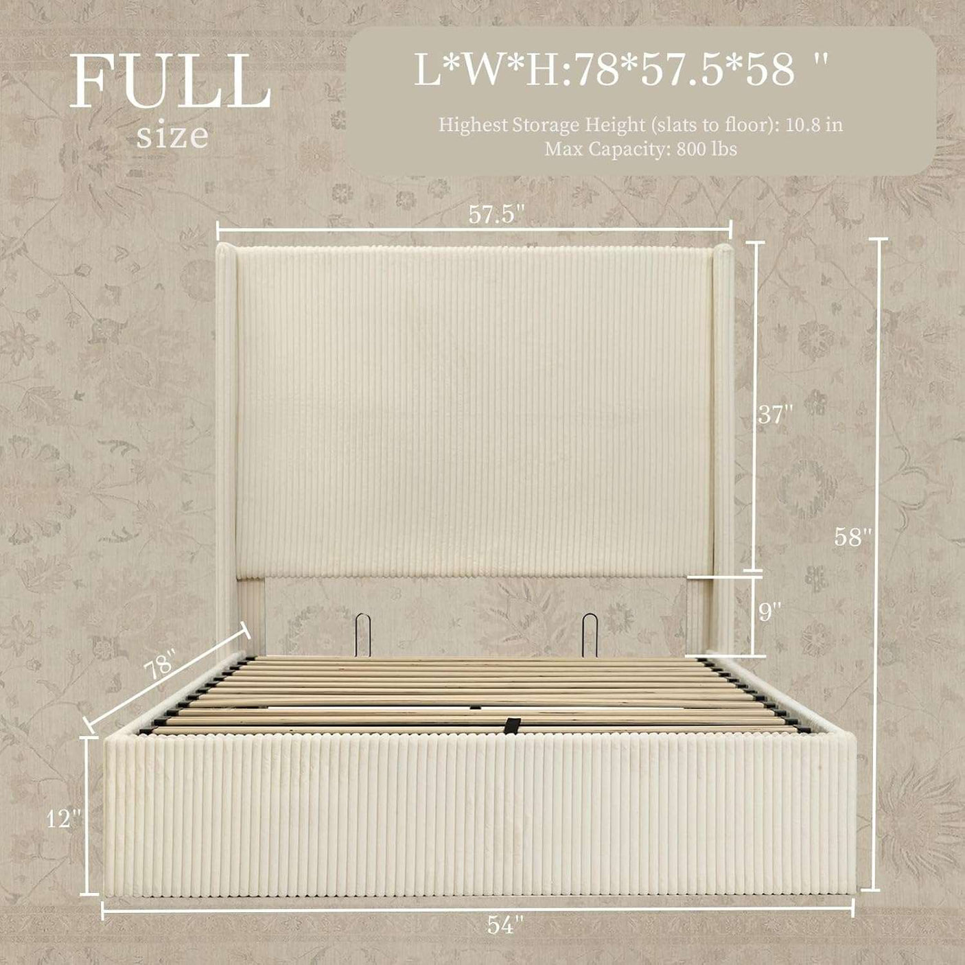 58" Tall Full Bed Frame with Lift Up Storage