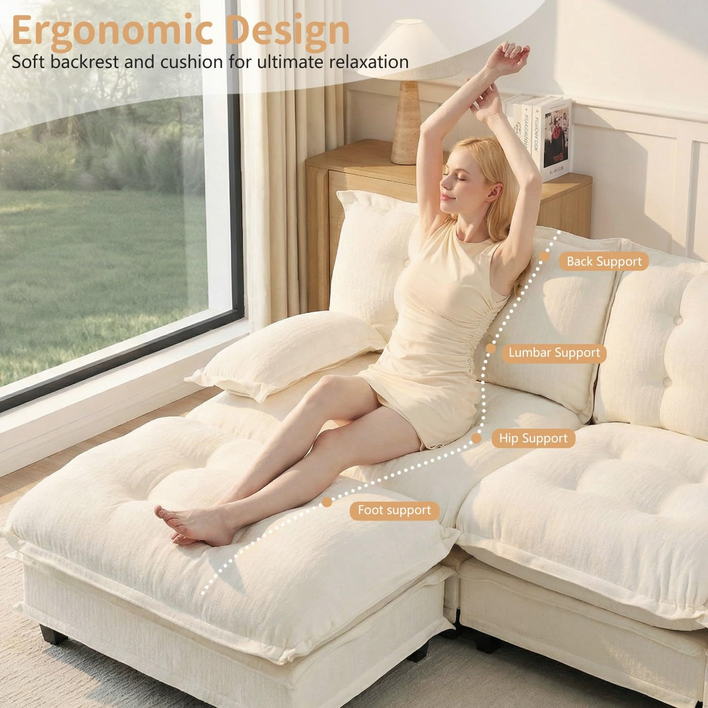 Modular Sectional Sofa with Cloud Cushions | Chenille Fabric | 2/3/4 Seater with Ottoman Options