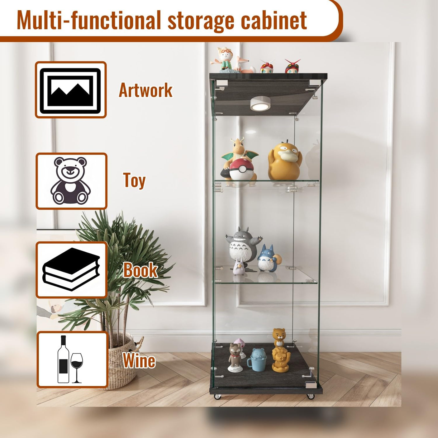 YECHEN Glass Display Cabinet with LED Lights | Tempered Glass Curio Cabinet