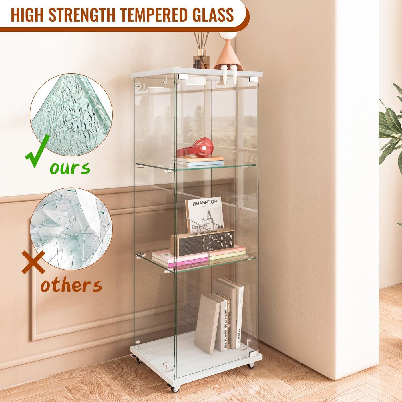 YECHEN Glass Display Cabinet with LED Lights | Tempered Glass Curio Cabinet