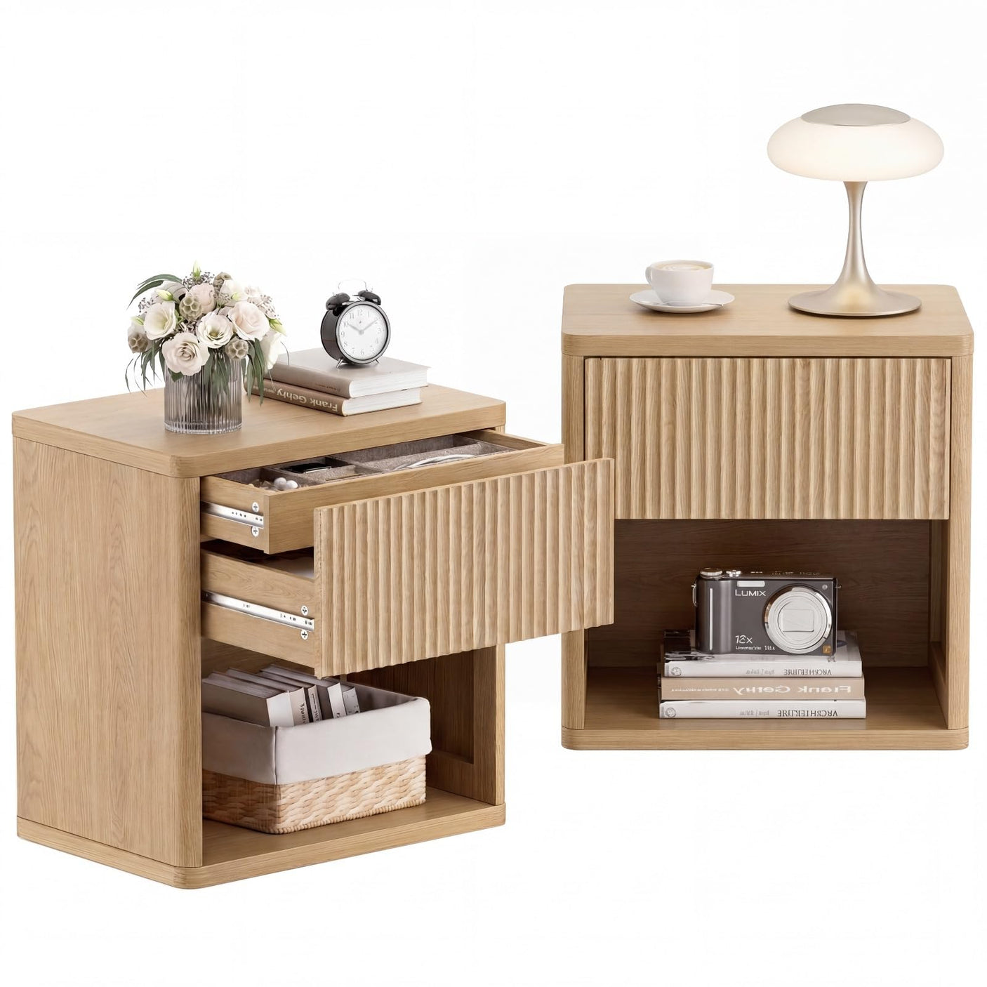 Yechen Fluted Nightstand | 22.8" Wide Mid-Century Bedside Table with Hidden Drawer & Open Shelf