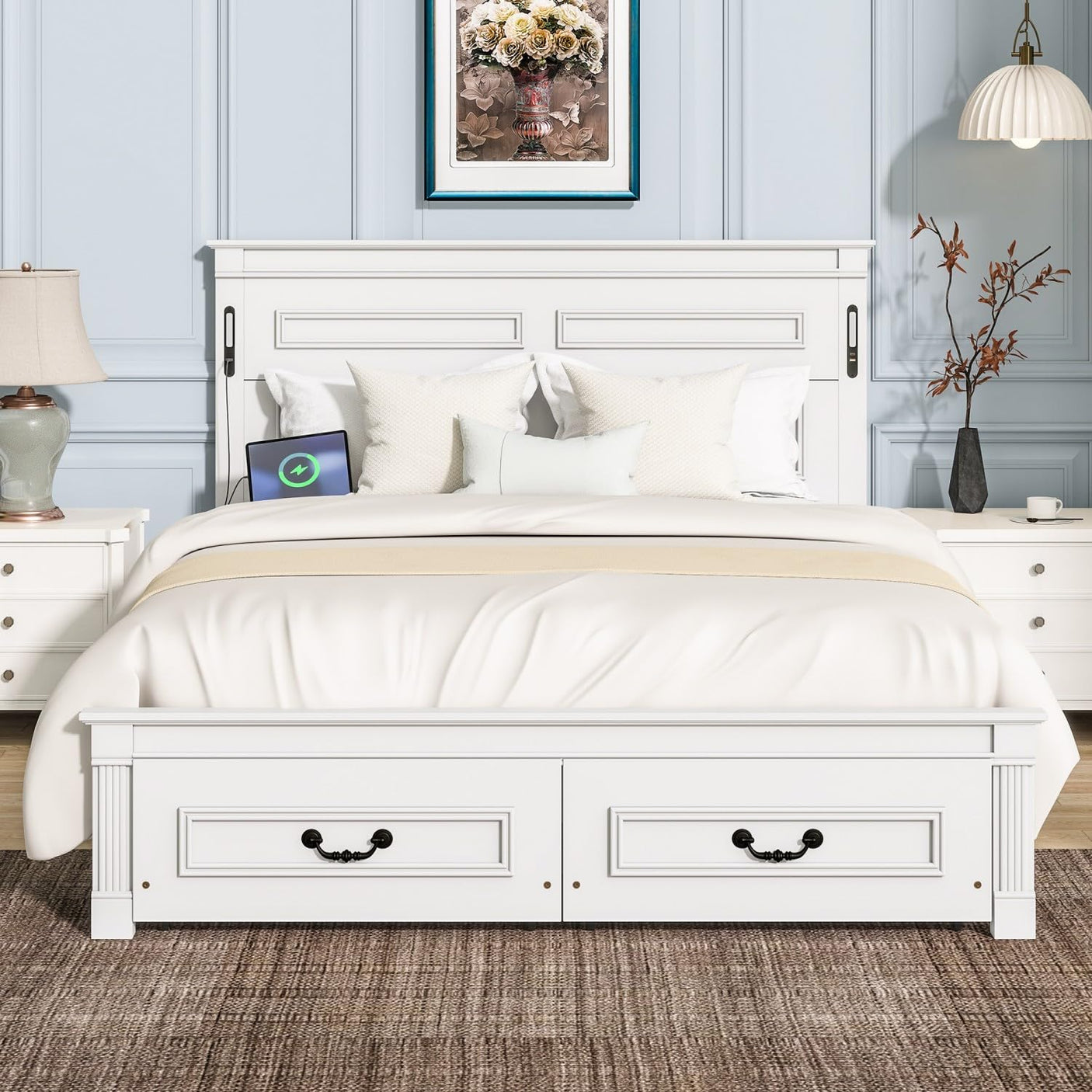 Farmhouse Bed Frame with Storage Drawers & LED Lights | Solid Pine Wood