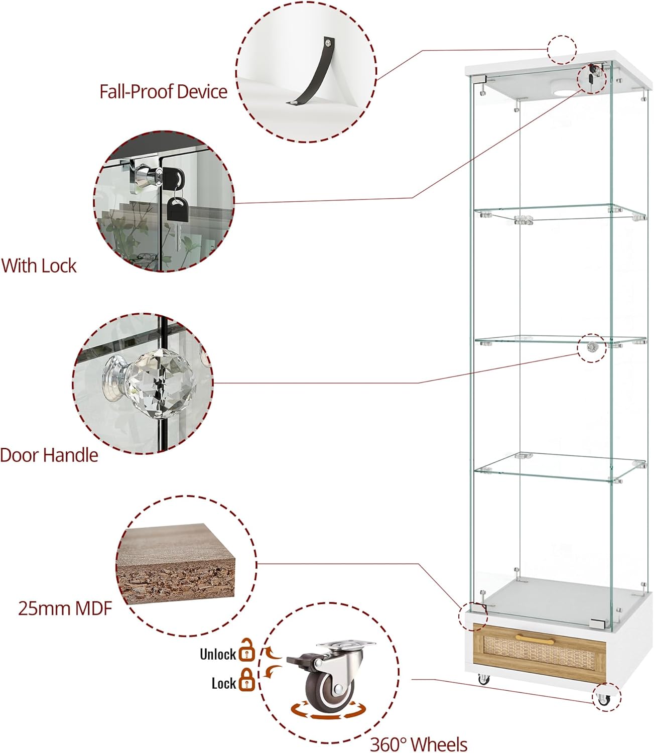 YECHEN Glass Display Cabinet with LED Lights | 4-Shelf Curio Cabinet with Drawer & Locking Door