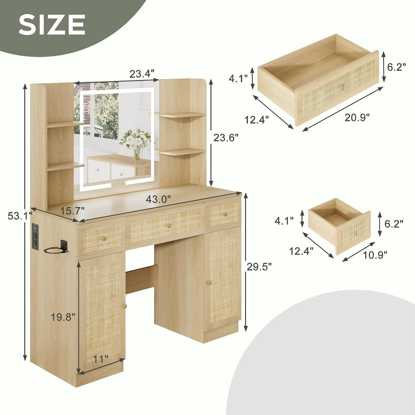 Yechen 43" Boho Makeup Vanity Desk with Sliding LED Mirror & Built-in Power Strip, Modern Rattan Dressing Table Set with Cushioned Stool for Bedroom