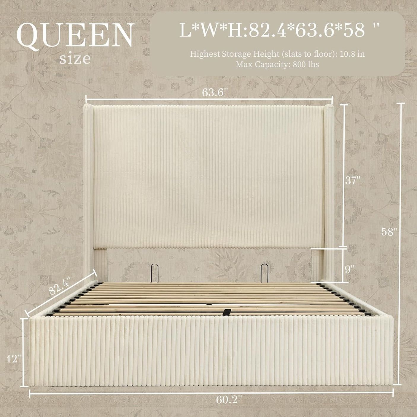 58" Tall Full Bed Frame with Lift Up Storage