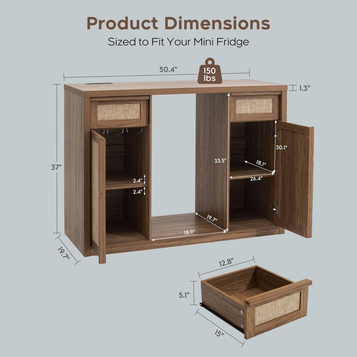 Rattan Coffee Bar Cabinet with Mini Fridge Space - Boho Sideboard with Wine Storage