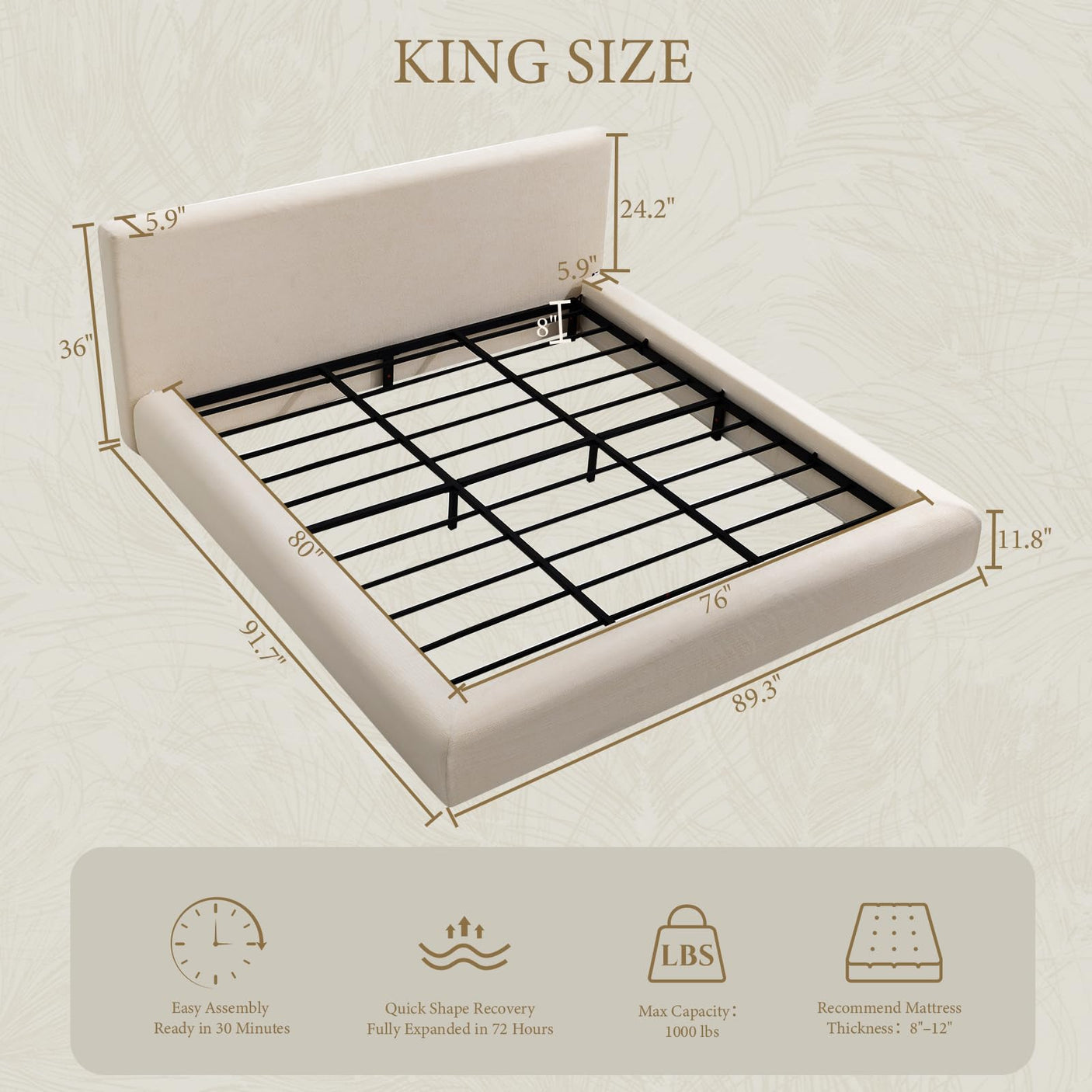 Yechen Cloud Bed Frame | Ribbed Chenille Upholstered Bed with 5.9" Padded Headboard | Queen & King