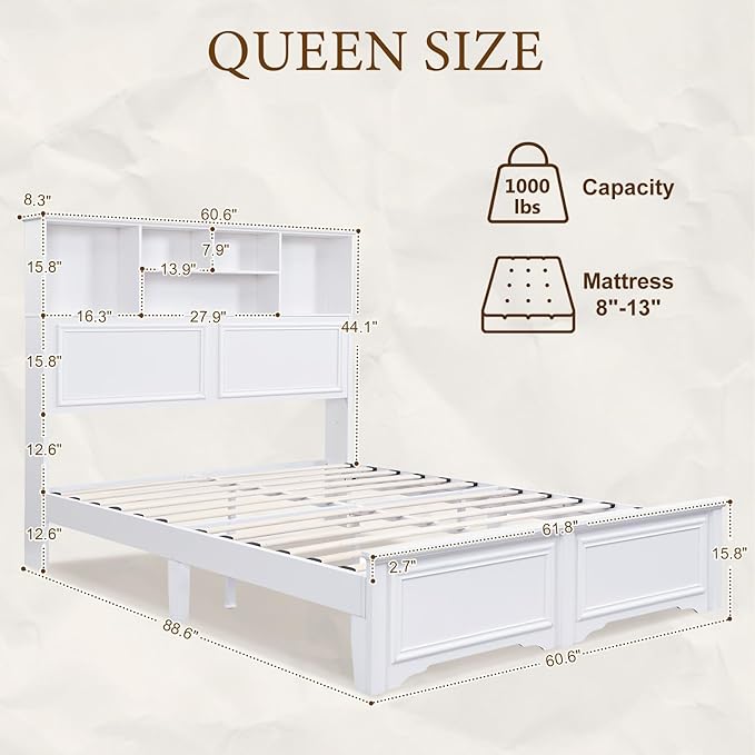 Farmhouse Queen Size Bed Frame with 4 Storage Drawers