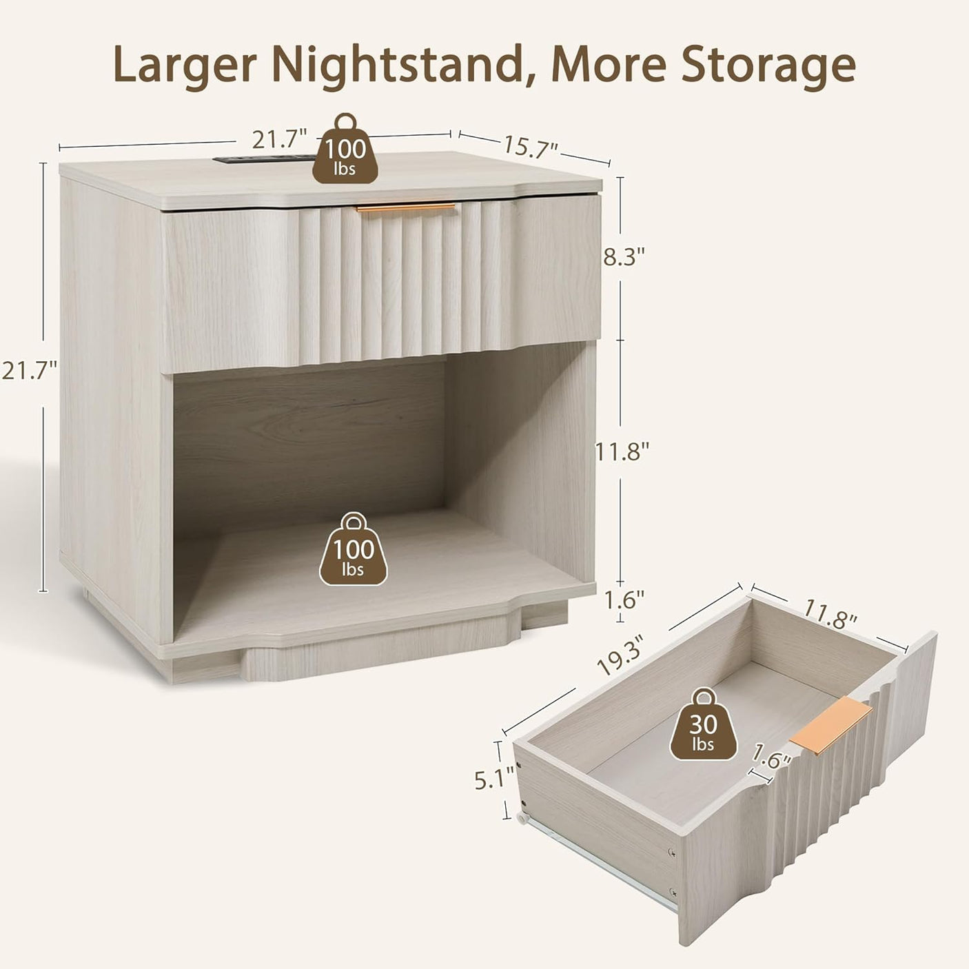 Fluted Night Stand with 20W Fast Charging Station