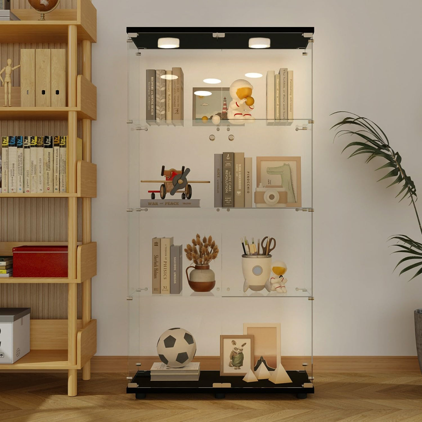 YECHEN 65" Smart Glass Display Cabinet | Bluetooth LED Lights, Music Sync & Swivel Casters – 4-Tier Curio Cabinet