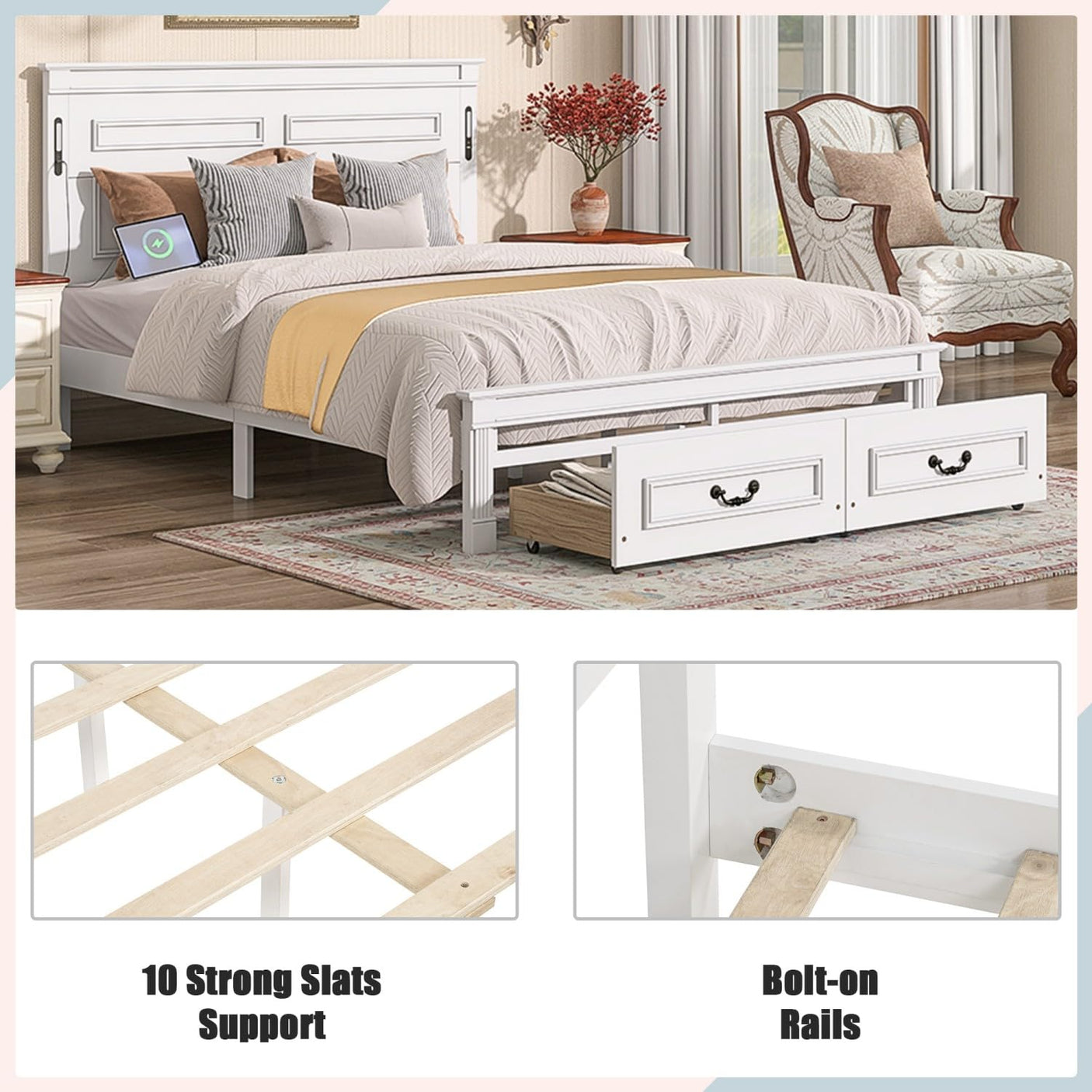 Farmhouse Bed Frame with Storage Drawers & LED Lights | Solid Pine Wood