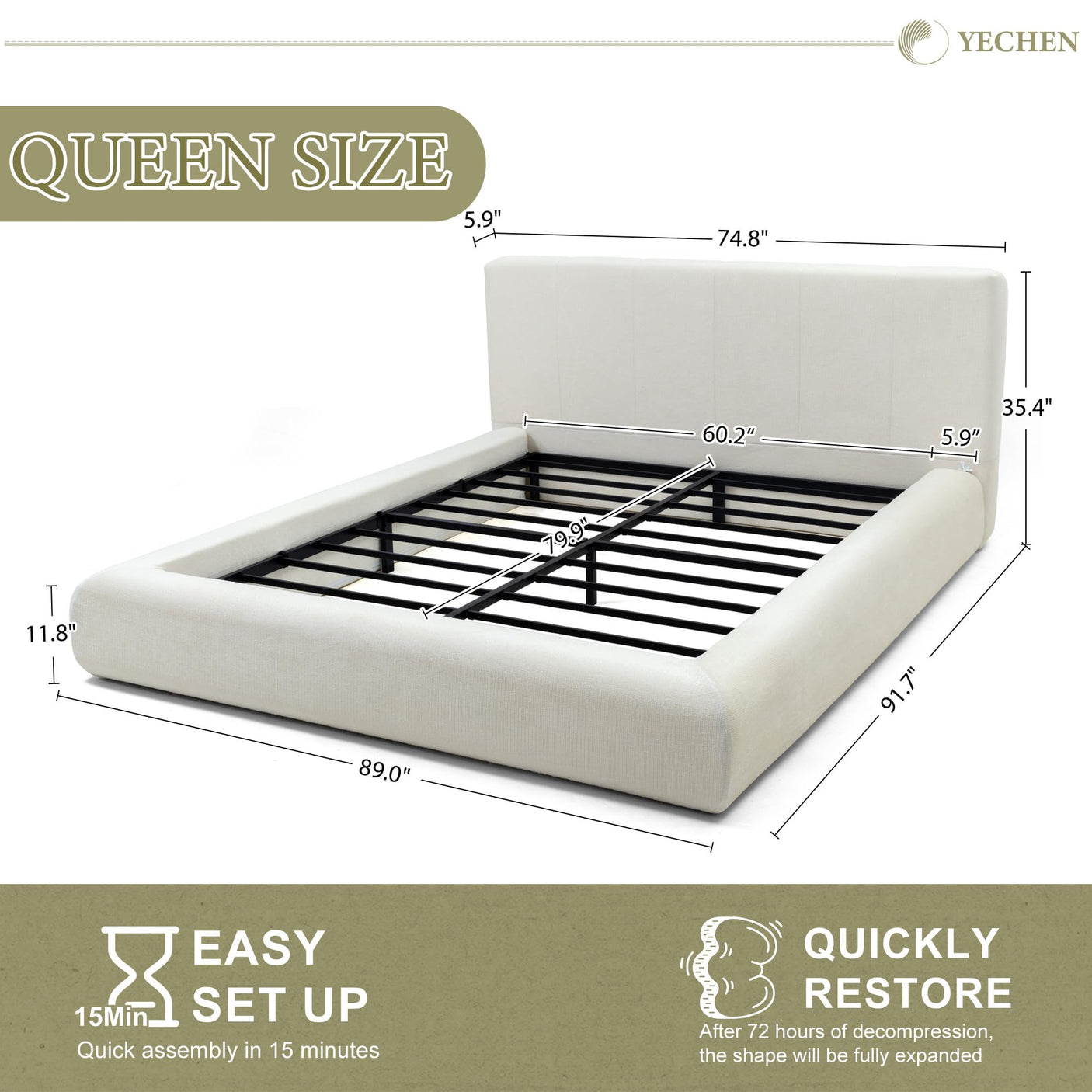 Cloud Bed Frame with Removable Headboard | Boucle Upholstered | Queen & King