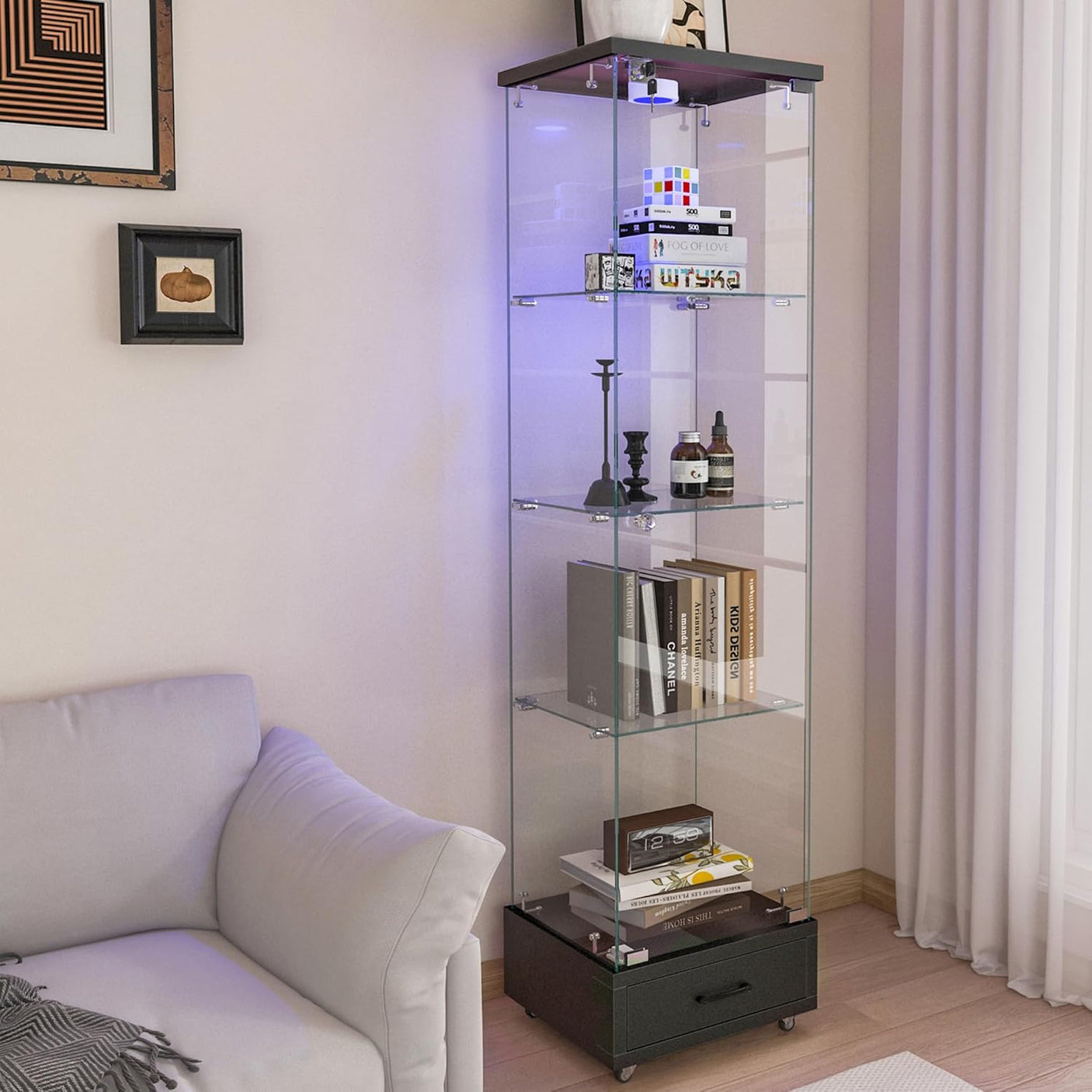 YECHEN Glass Display Cabinet with LED Lights | 4-Shelf Curio Cabinet with Drawer & Locking Door